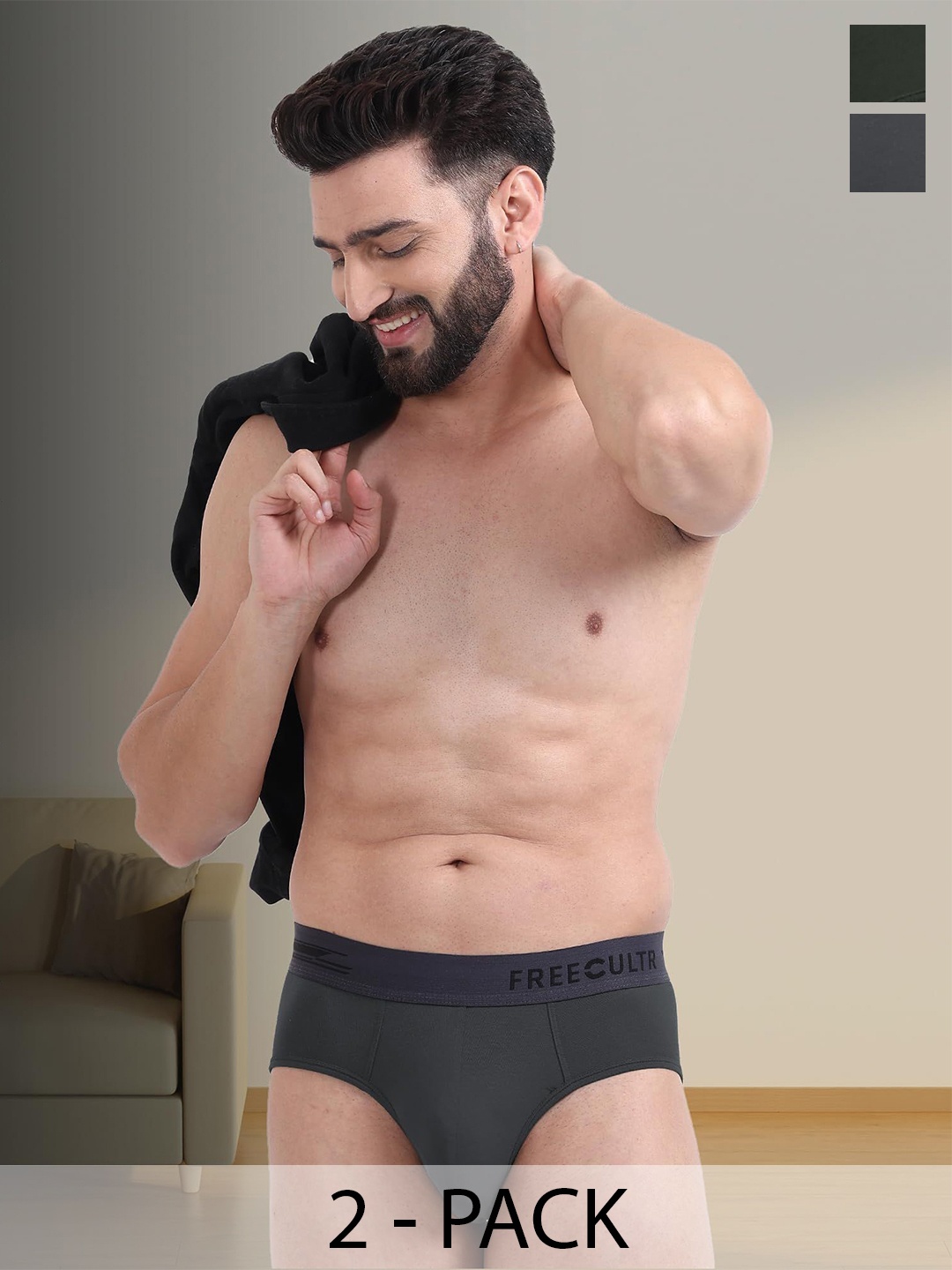 

FREECULTR Men Pack Of 2 Mid Rise Anti Bacterial Basic Briefs, Grey
