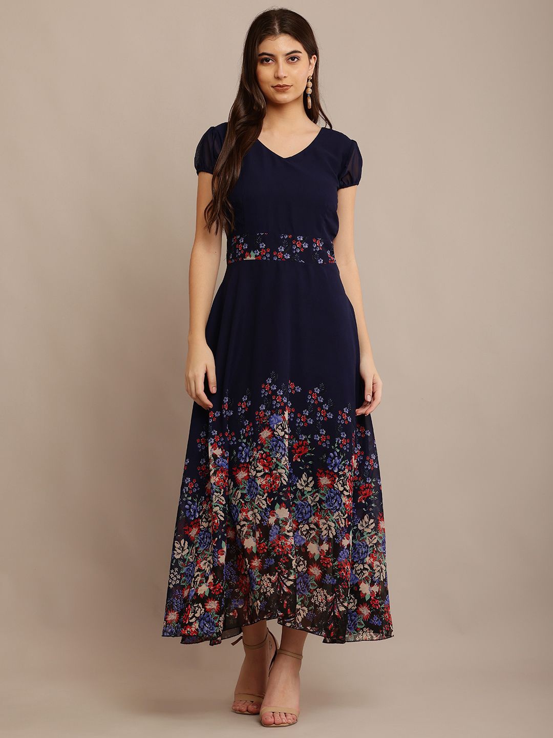 

Raabta Fashion Women Floral Print Georgette Maxi Dress, Navy blue