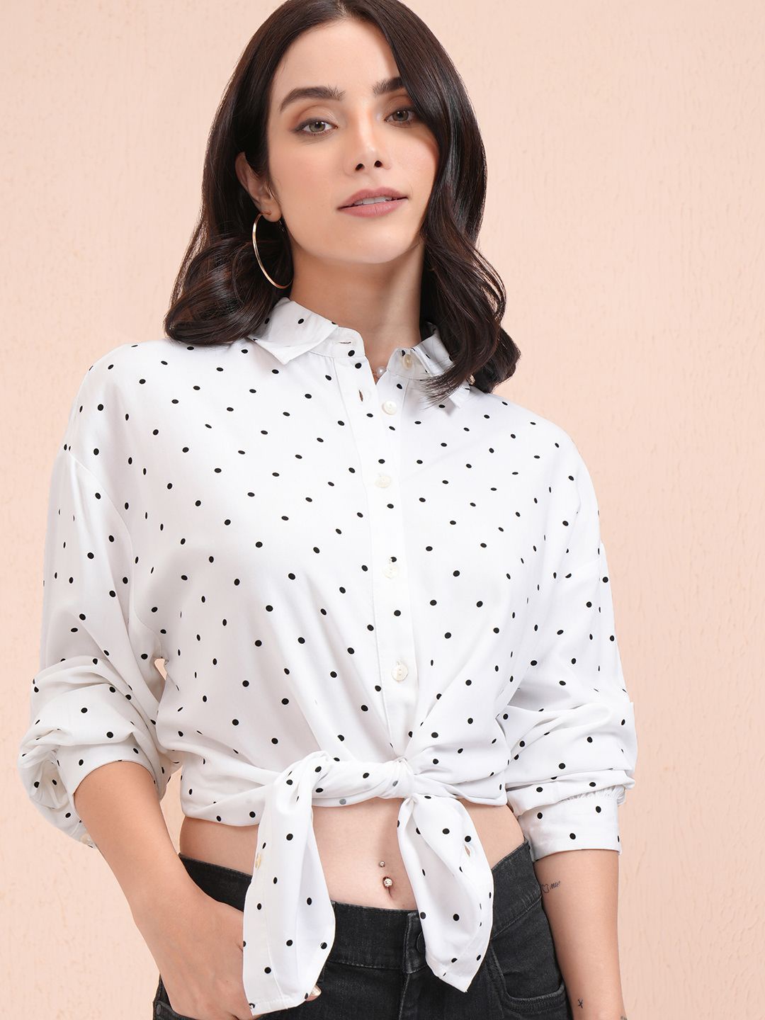 

Tokyo Talkies Women Off Printed Drop Shoulder Button Down Shirt, Off white