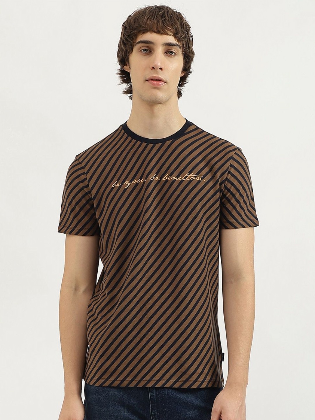 

United Colors of Benetton Men Striped Round Neck Pure Cotton Relaxed Fit T-shirt, Brown