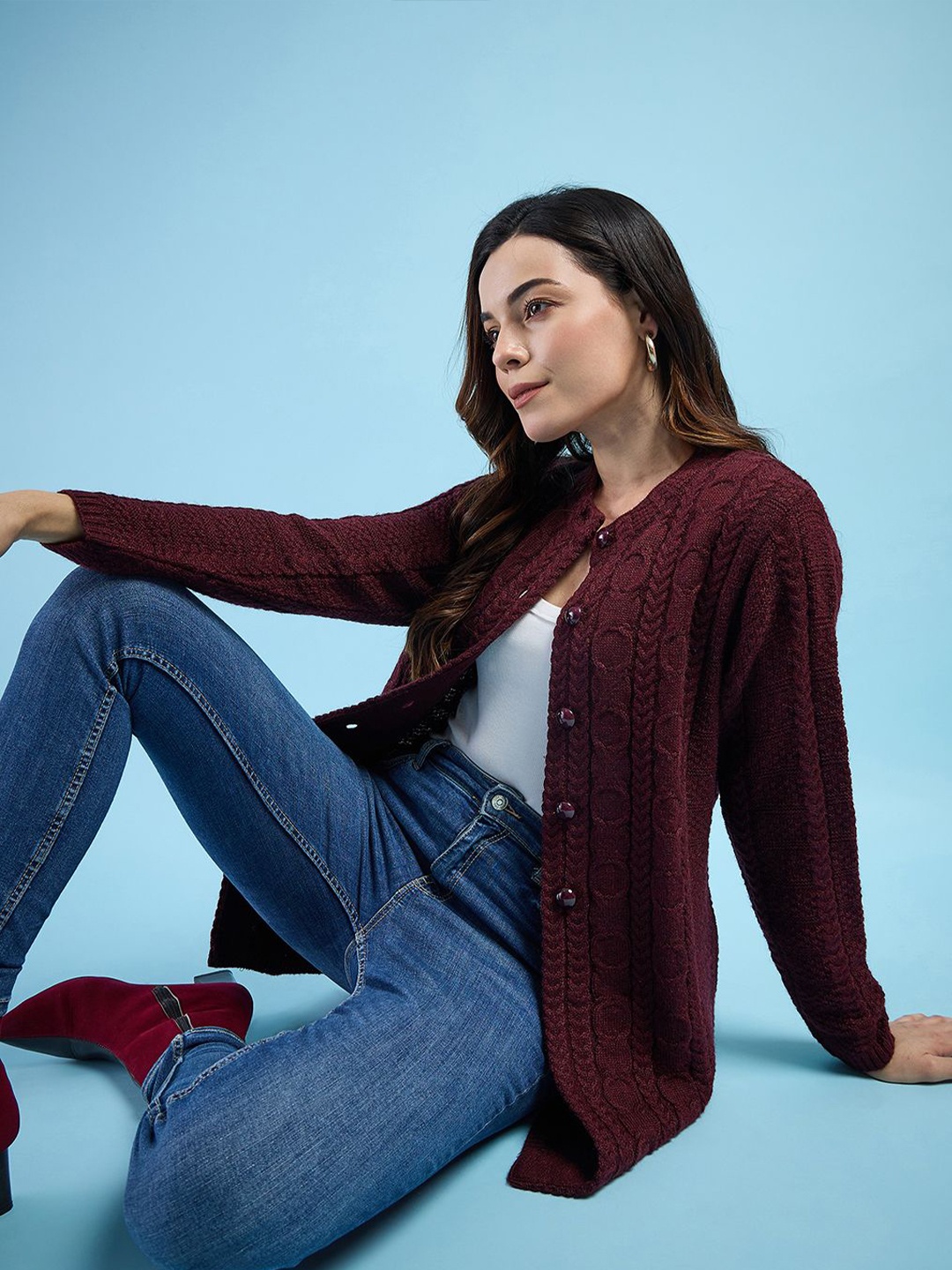 

CLAPTON Cable Knit Self Design Woolen Cardigan Sweater, Maroon