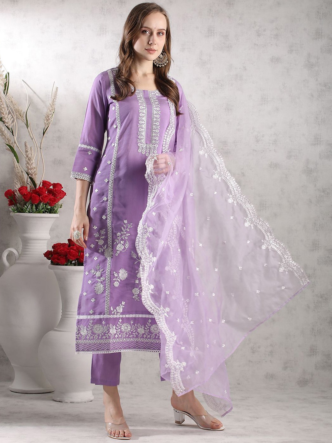 

KALINI Floral Embroidered Thread Work Straight Kurta with Trouser & Dupatta, Purple