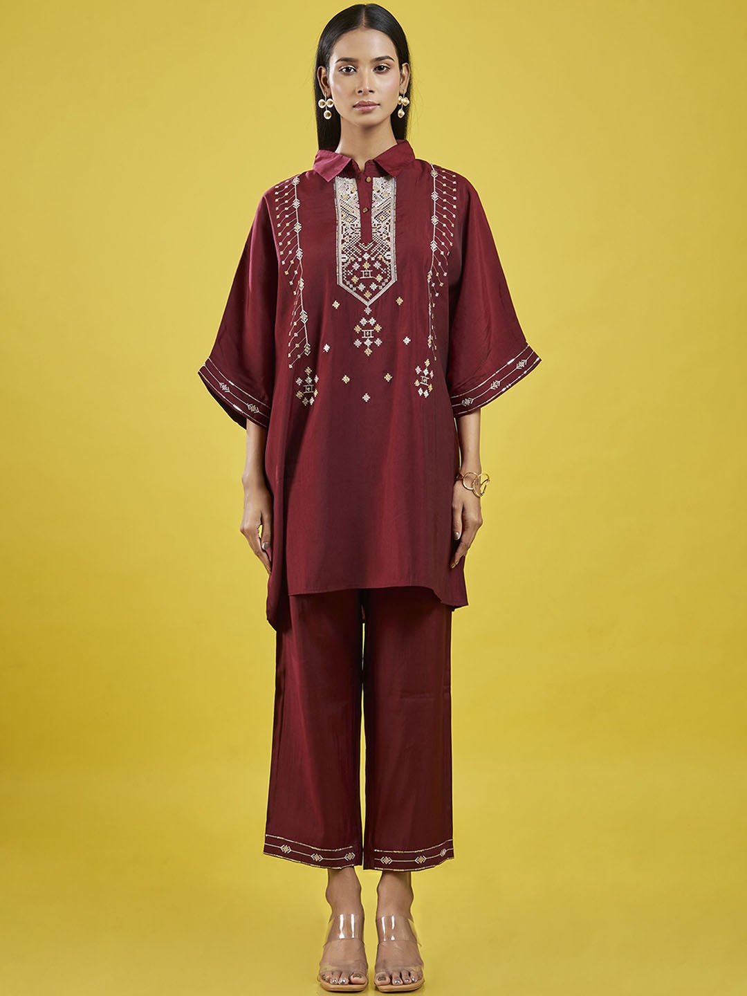 

ISHKIYA Embroidered Shirt Collar Three-Quarter Sleeves Pure Cotton Top With Trouser, Maroon