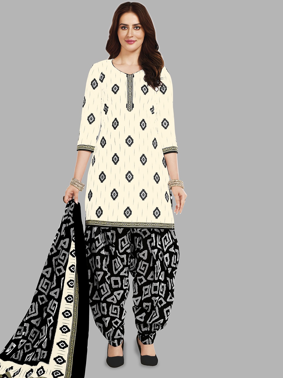 

MIRAAN Printed Pure Cotton Unstitched Dress Material, White