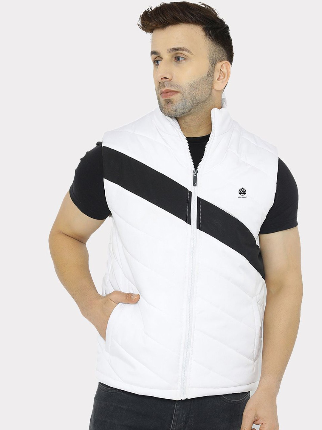 

WELL QUALITY Men Mock Collar Striped Casual Padded Jacket, White