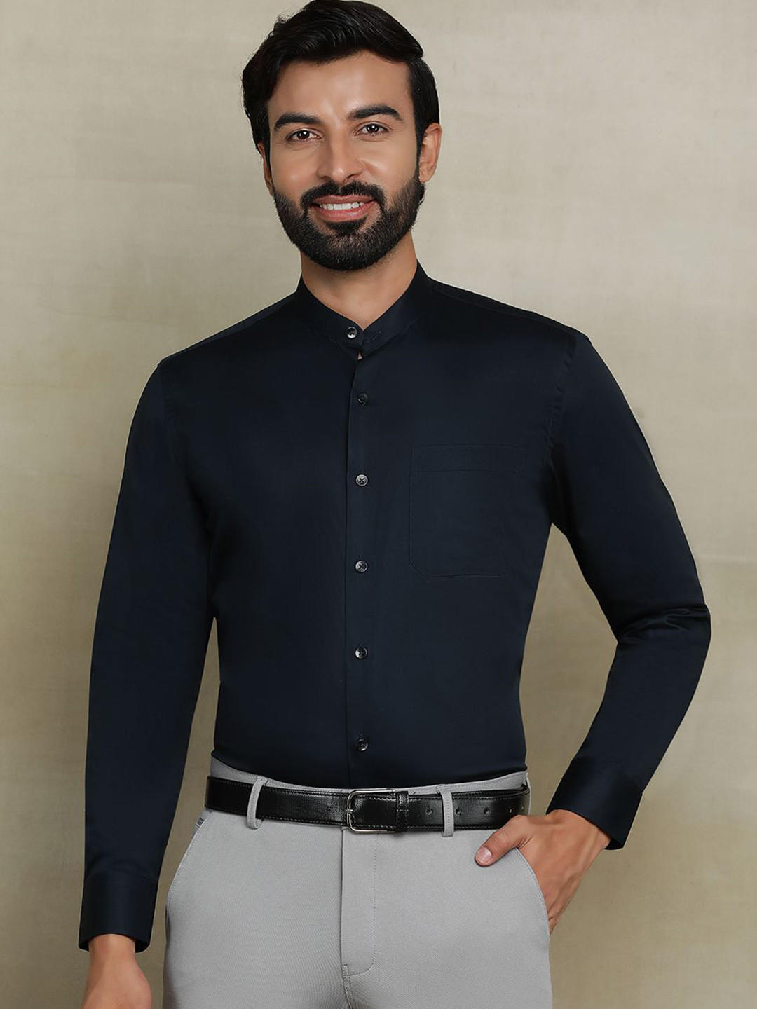 

METAL Men Band Collar Solid Cotton Slim Fit Formal Shirt, Navy blue