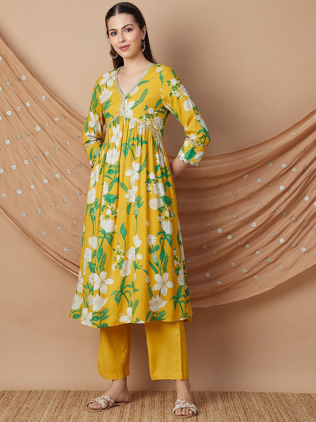 

Melange by Lifestyle Floral Printed Pleated Sequinned Kurta with Trouser, Yellow