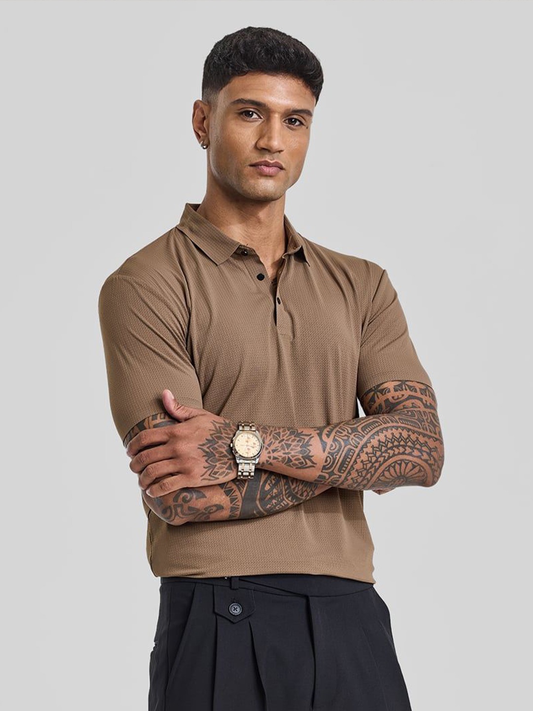 

Snitch Men Self Design Polo Collar Cotton Slim Fit T-shirt, Brown