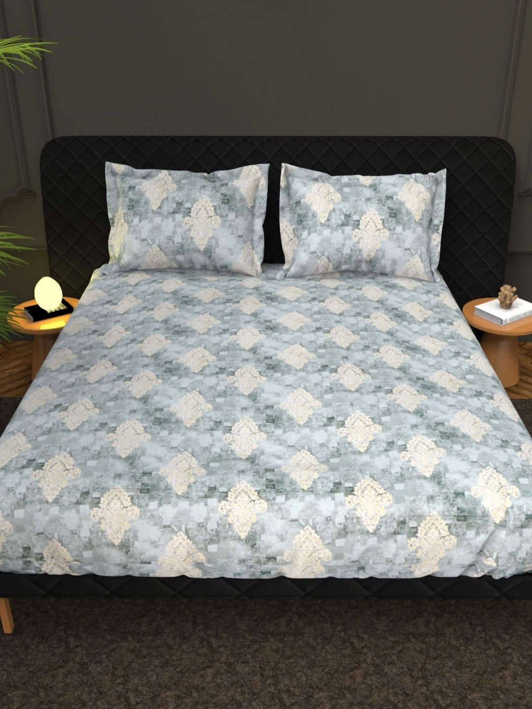 

THE WHITE MOSS Blue & White Abstract Cotton 210 TC King Bedsheet Set 2.75 m x 2.75 m