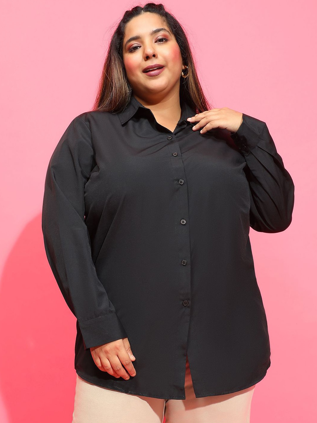 

Oxolloxo Women Plus Size Smart Spread Collar Solid Cotton Relaxed Fit Casual Shirt, Black