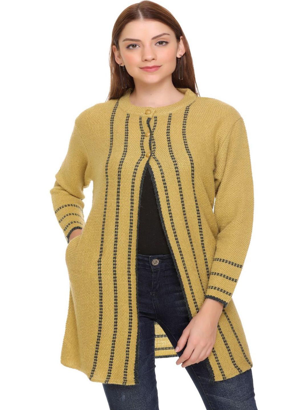 

CLAPTON Striped Self Design Woollen Cardigan Sweater, Yellow