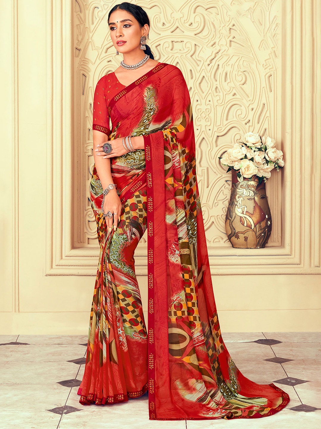 

Laxmipati Abstract Printed Saree With Blouse Piece, Red