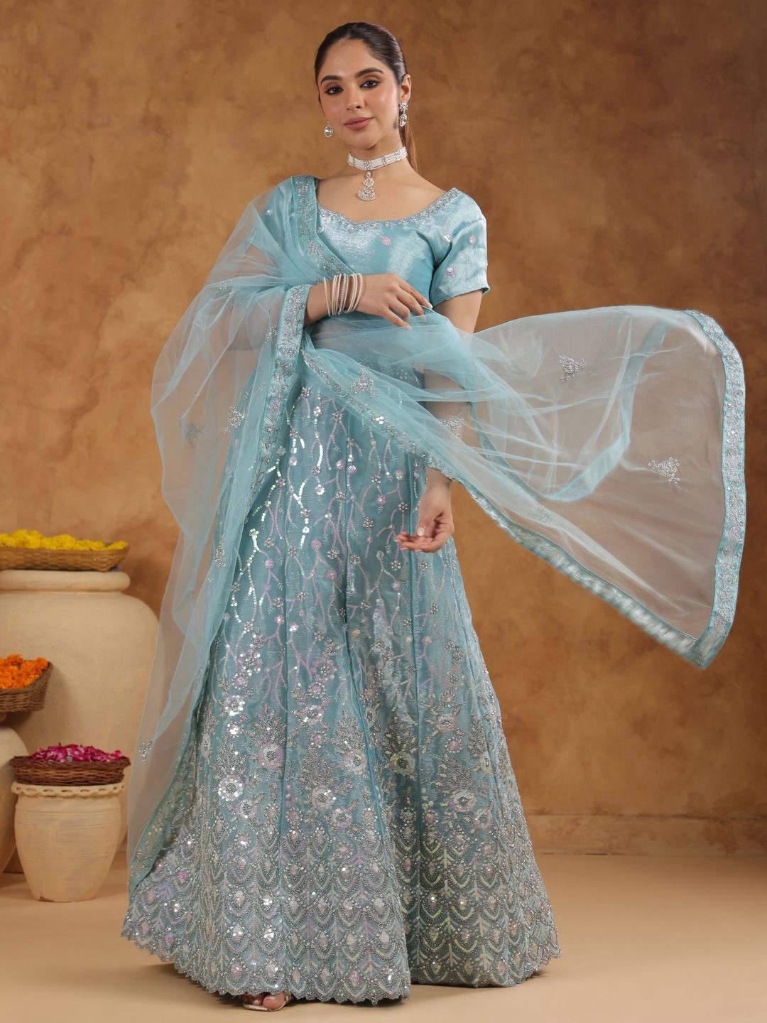 

Janasya Embroidered Sequinned Semi-Stitched Lehenga & Unstitched Blouse With Dupatta, Blue