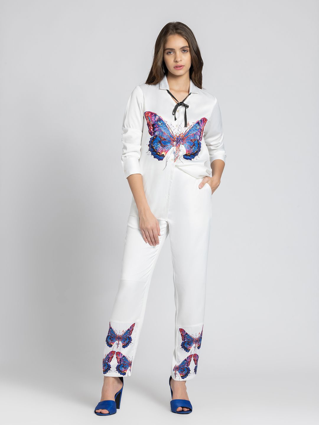 

SHAYE Butterfly Printed Shirt Collar Satin Shirt With Trouser, White