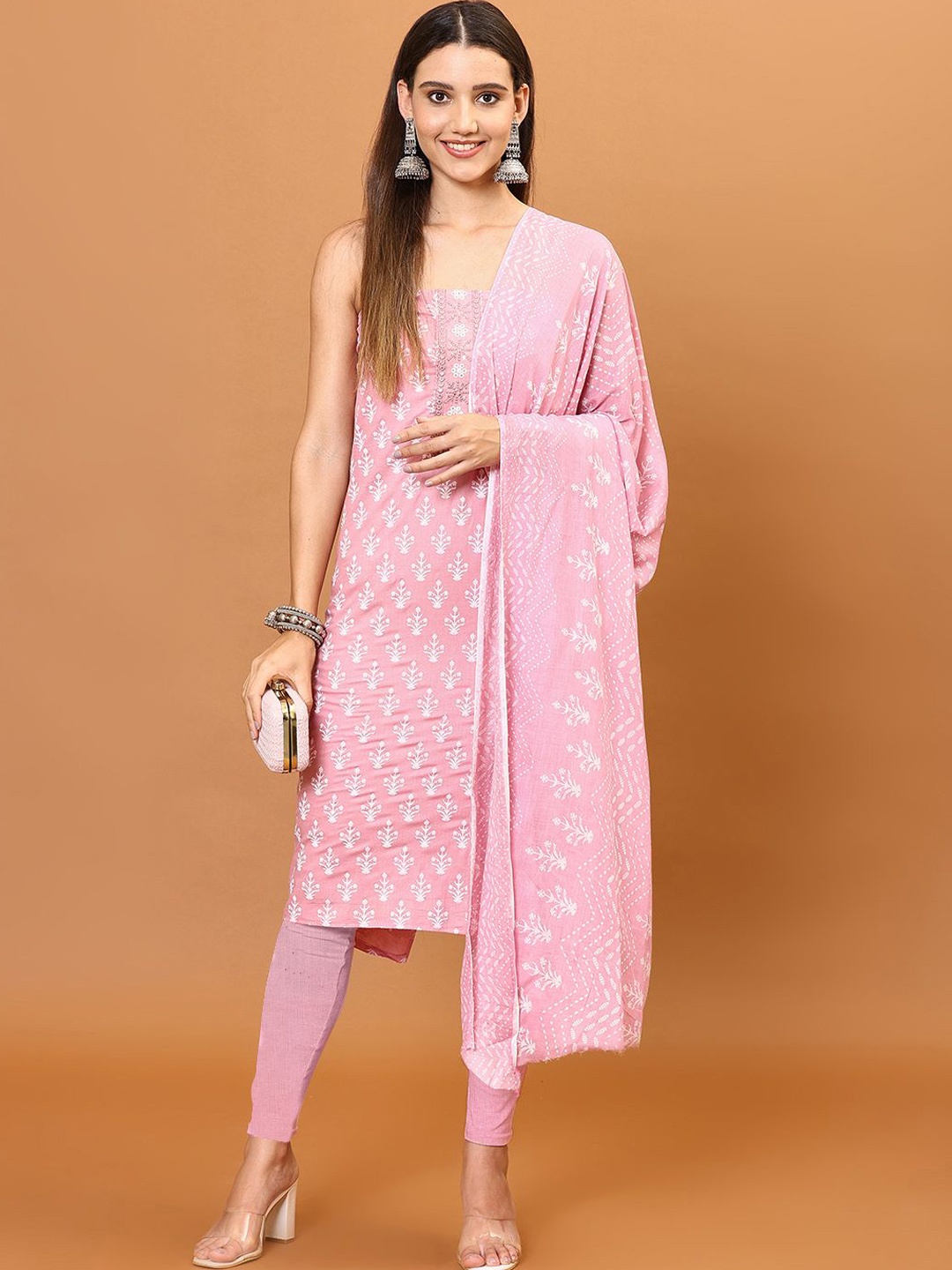 

Meena Bazaar Floral Printed Sequinned Unstitched Dress Material, Pink