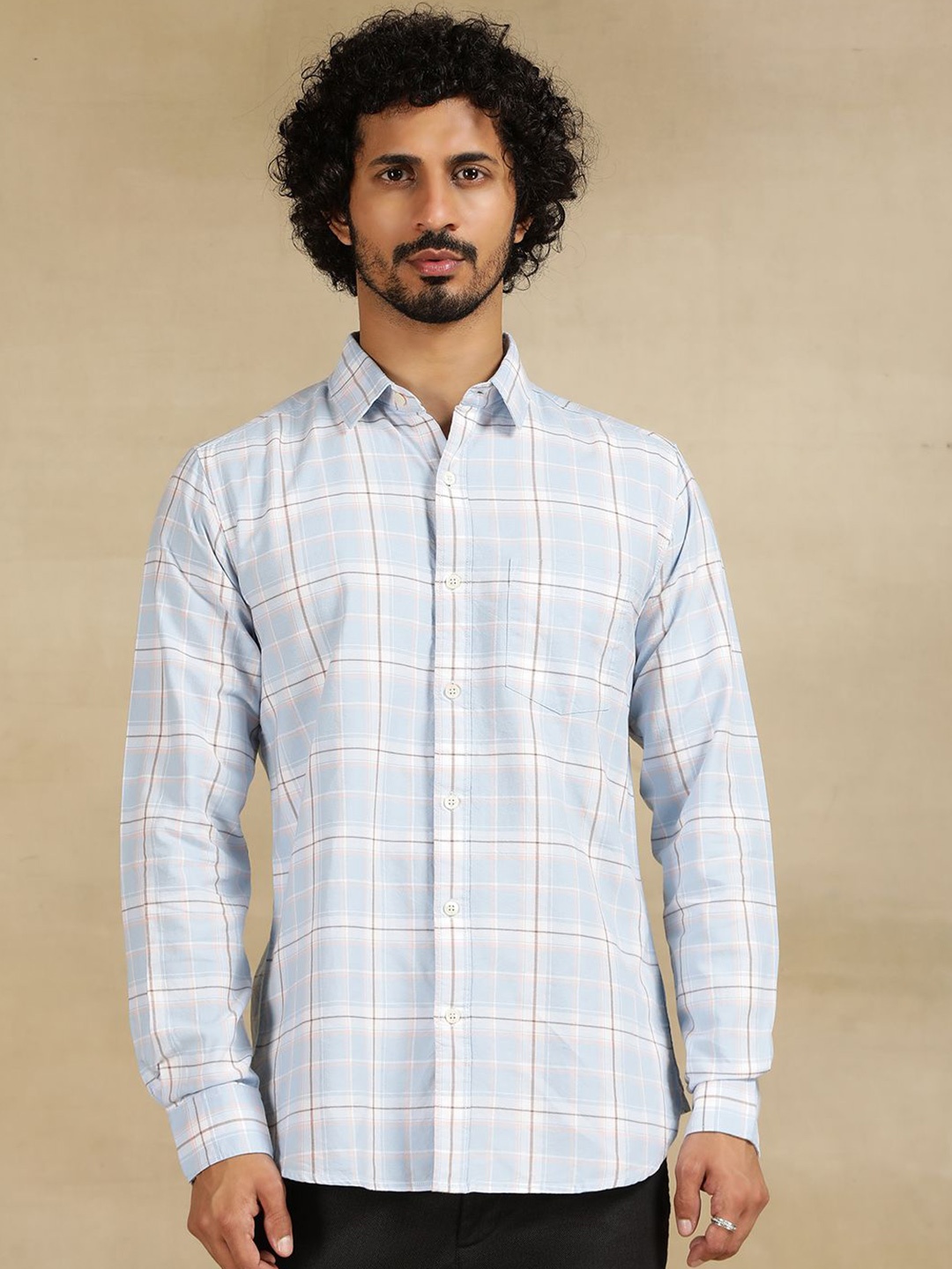 

JADE BLUE Men Cutaway Collar Checked Cotton Slim Fit Casual Shirt