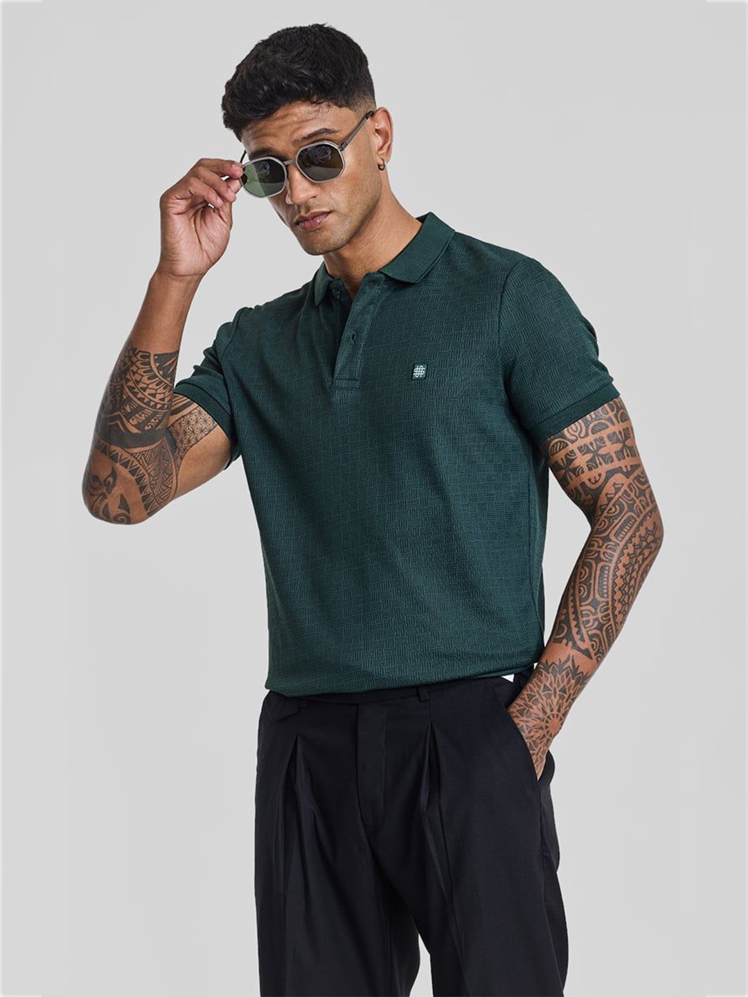 

Snitch Men Self Design Polo Collar Cotton Slim Fit T-shirt, Green
