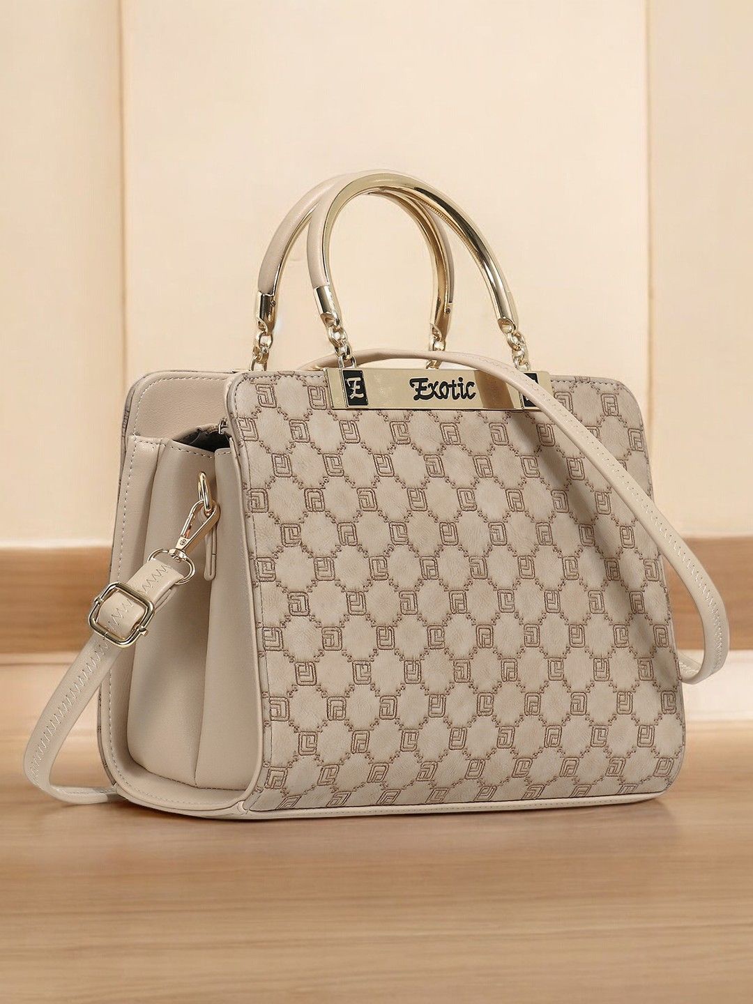 

Exotic Women Brand Logo Printed Structured Handheld Bag, Cream