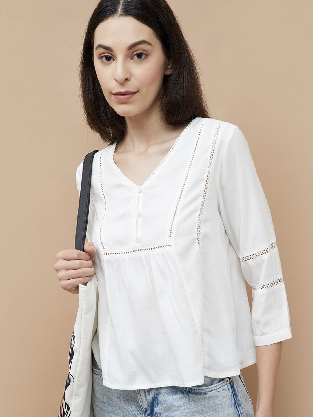 

Fame Forever by Lifestyle Women V-Neck Woven Three-Quarter Sleeves Top, Off white