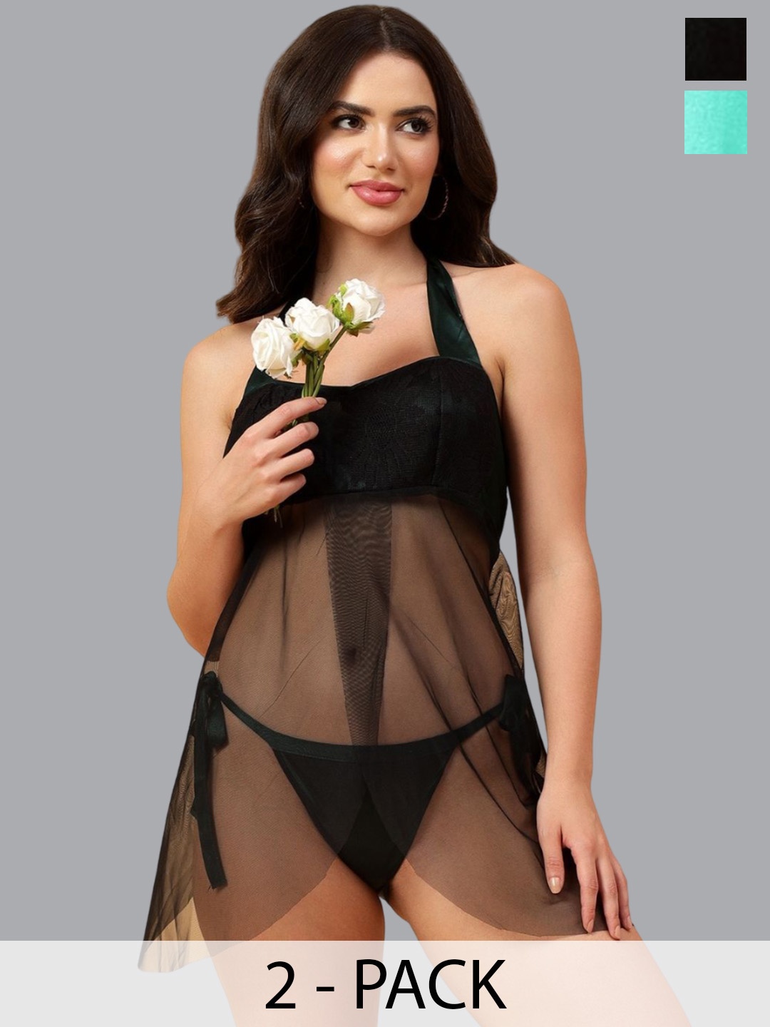 

Velvi FIGURE Women Pack Of 2 Halter Neck Baby Doll, Black