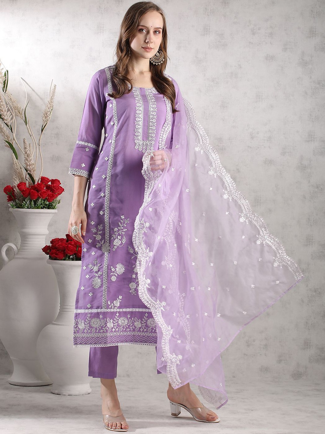 

GoSriKi Floral Embroidered Zari Work Straight Kurta with Trouser & Dupatta, Lavender