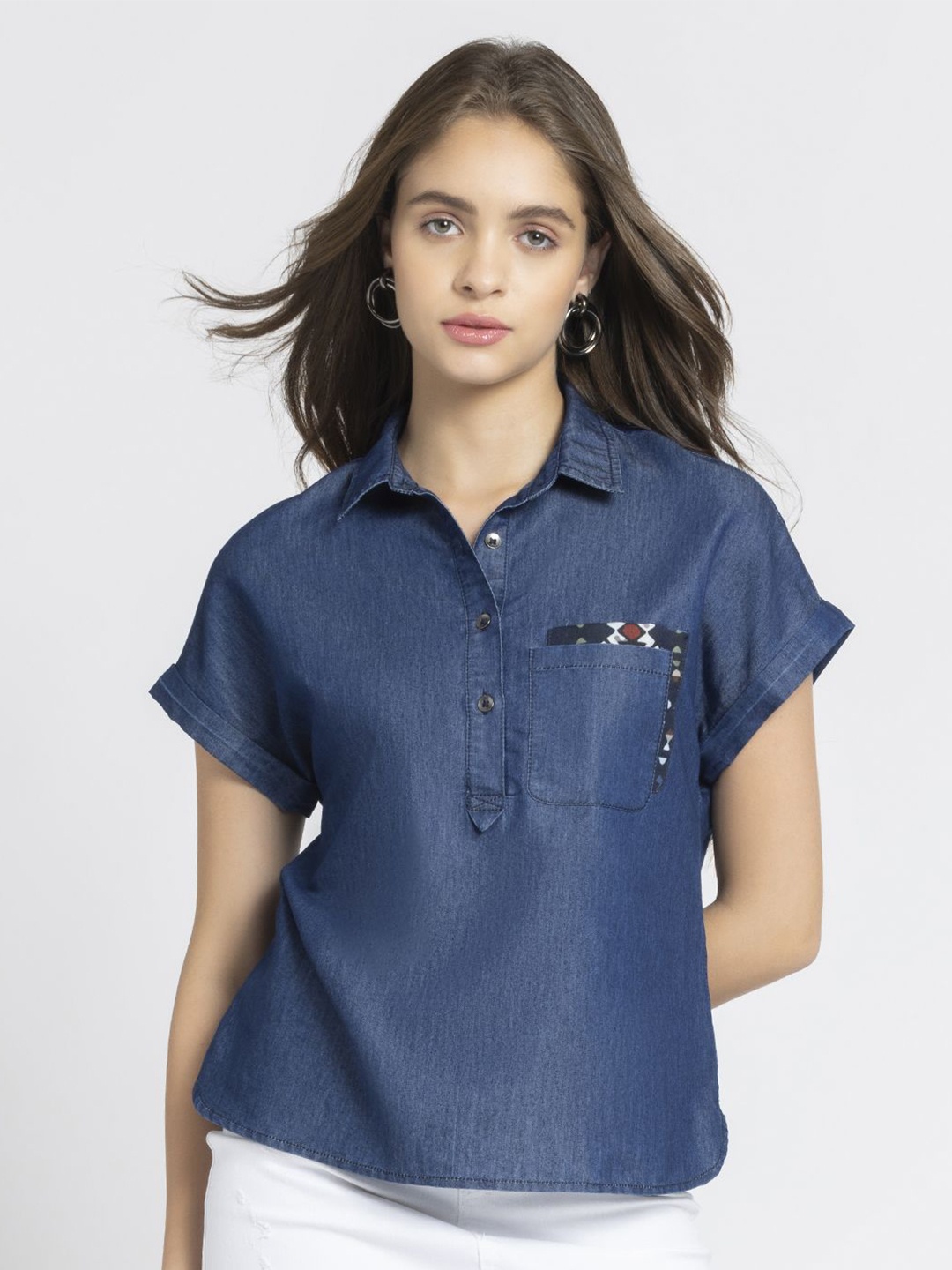 

SHAYE Women Shirt Collar Denim Shirt Style Top, Blue