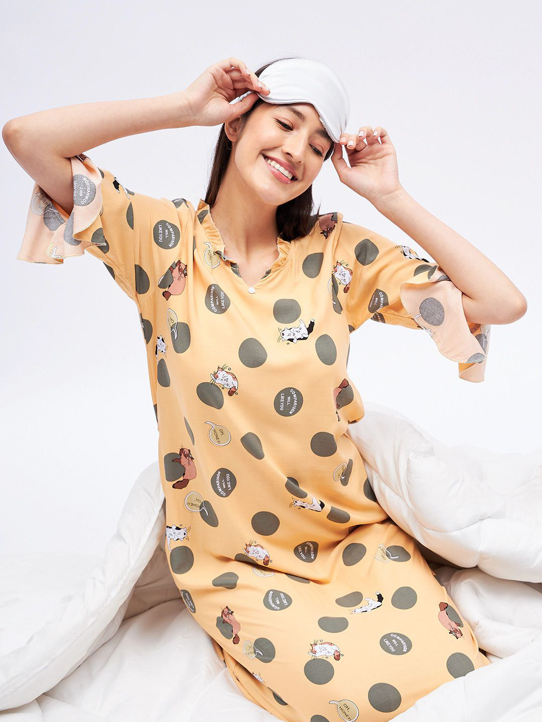 

Sweet Dreams Women Graphic Printed Nightdress, Yellow