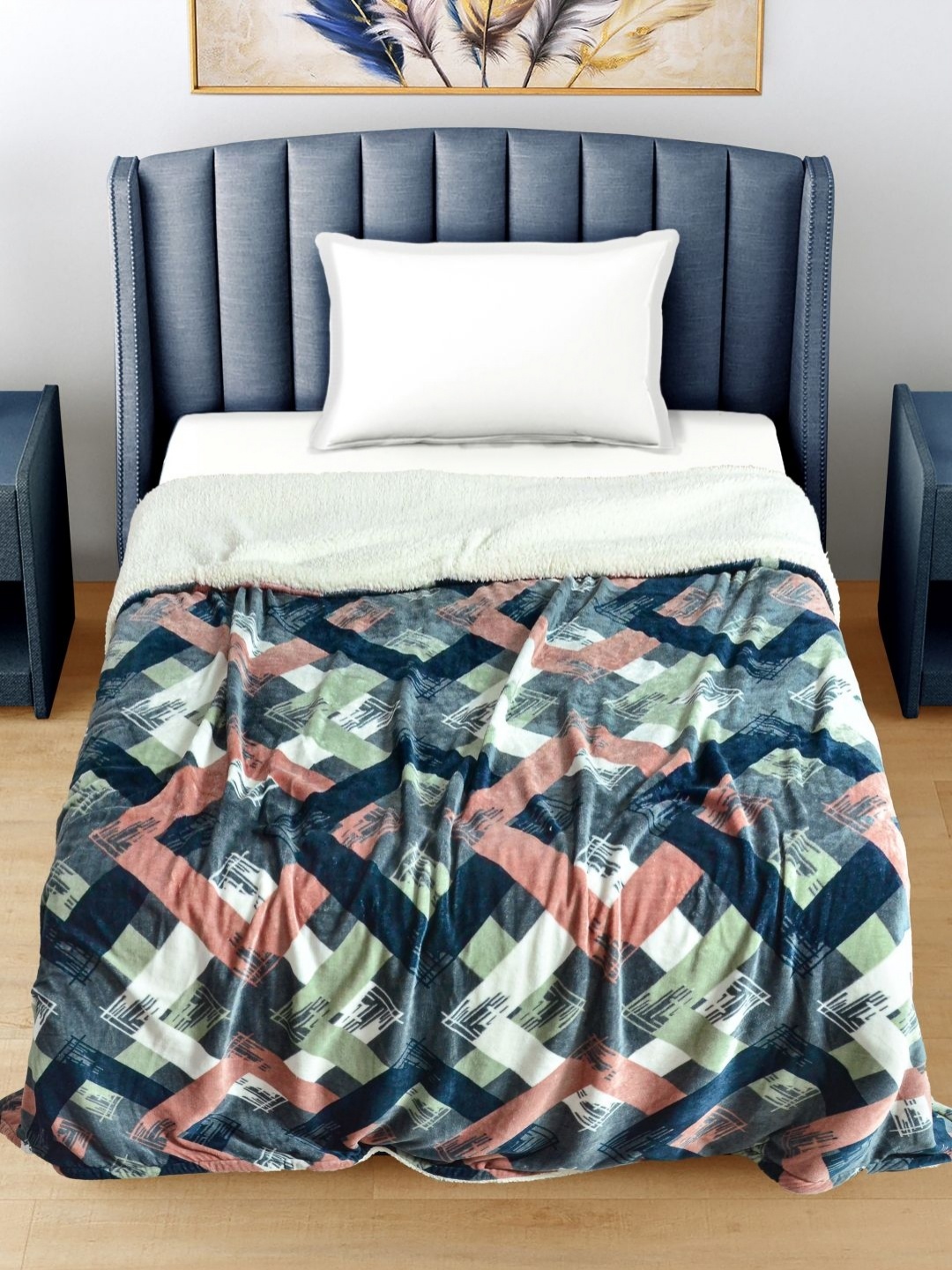 

FABINALIV Blue & Peach-Coloured Geometric Woollen Mild Winter 400 GSM Single Bed Comforter