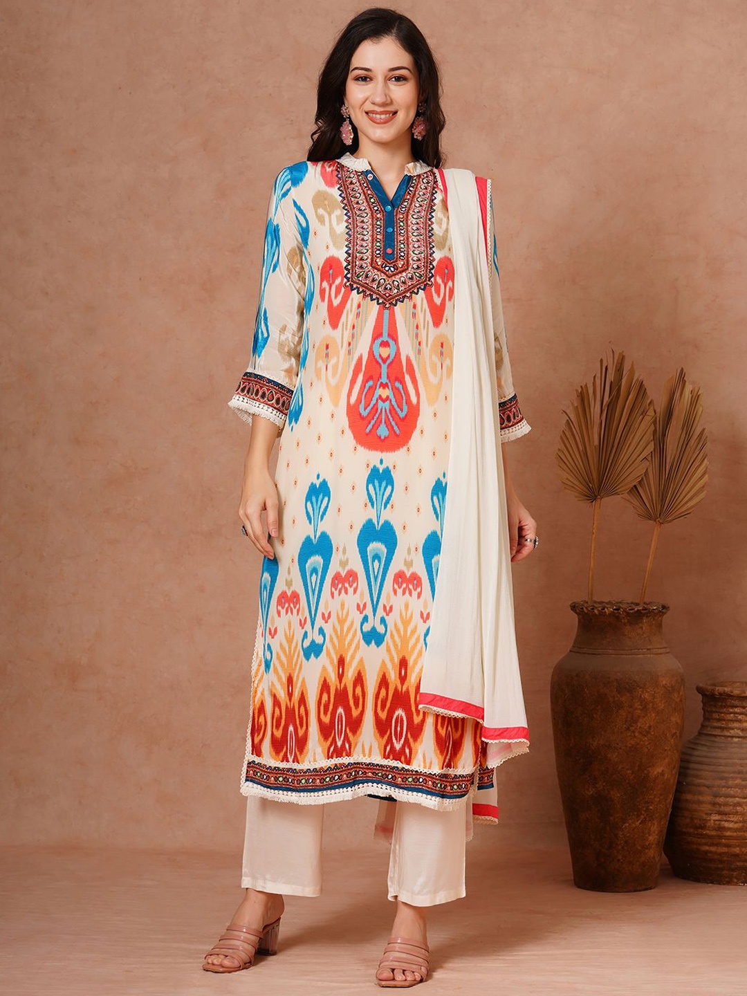 

FASHOR Ethnic Motifs Printed Beads and Stones Straight Kurta With Trouser & Dupatta, Beige