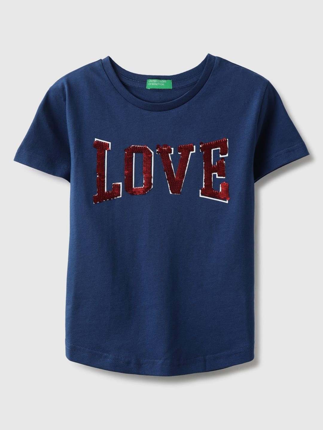 

United Colors of Benetton Girls Typography Printed Round Neck Pure Cotton T-shirt, Blue
