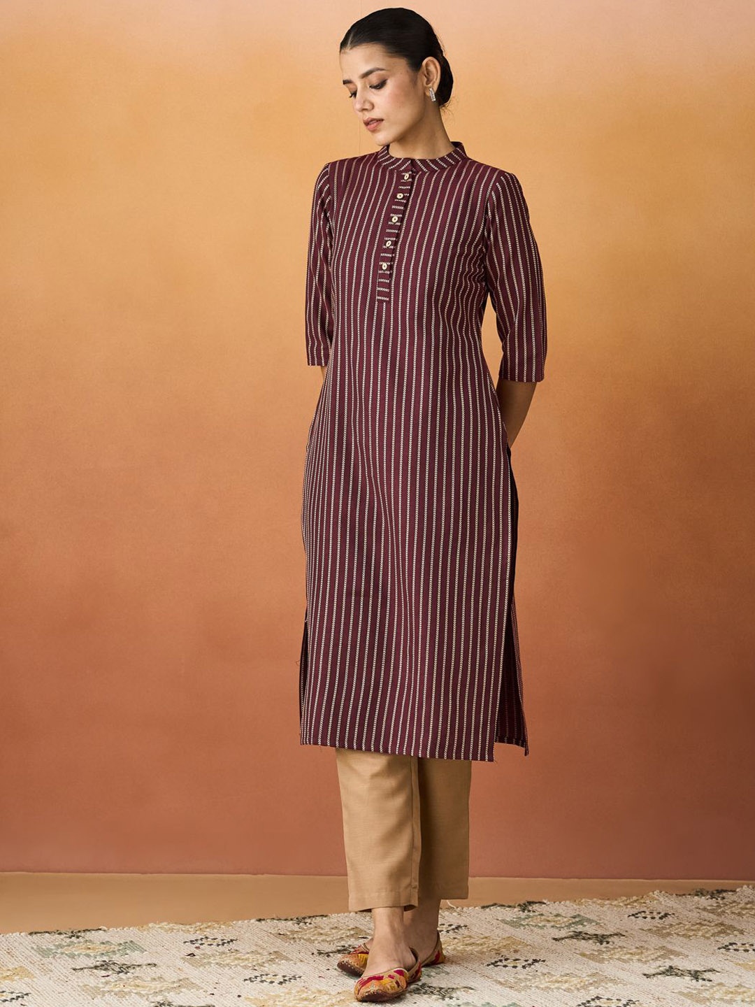 

KALINI Striped Mandarin Collar Thread Work Straight Kurta, Maroon