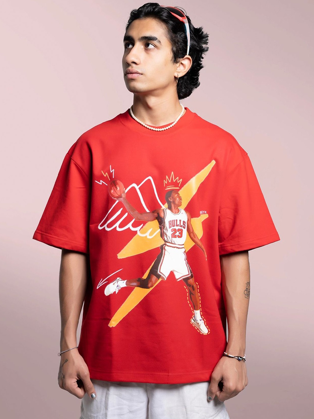 

Altstreetz Men Graphic Printed Round Neck Cotton Oversized T-shirt, Red