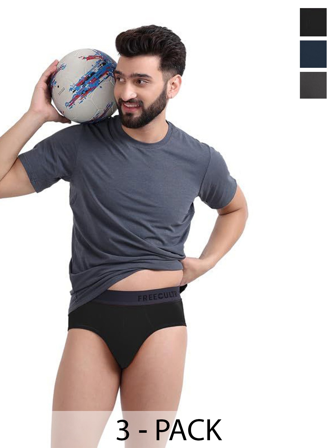 

FREECULTR Pack Of 3 Men Anti Bacterial Ribbed Basic Briefs, Black