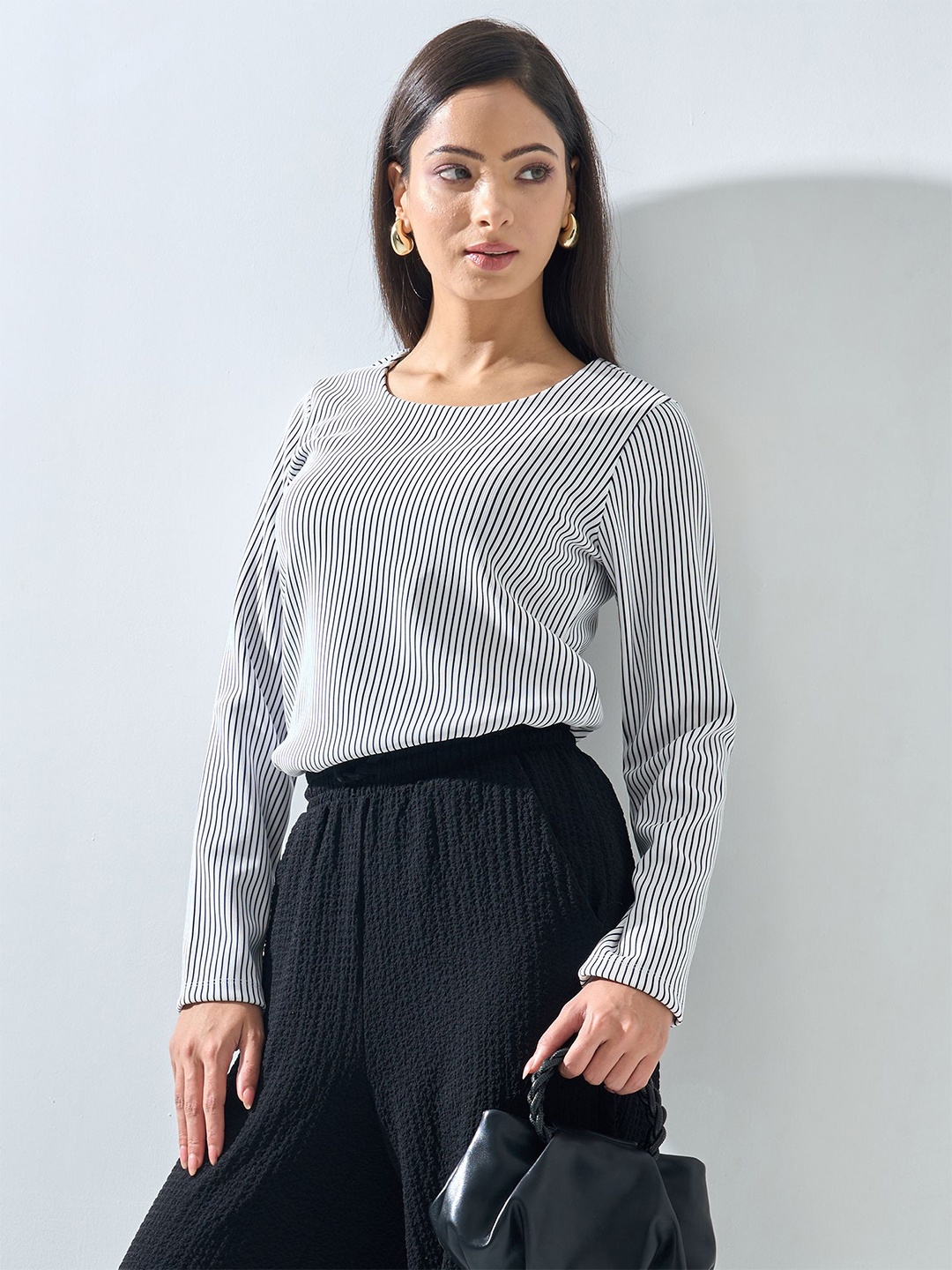 

SALT ATTIRE Women Striped Scoop Neck Casual Top, White
