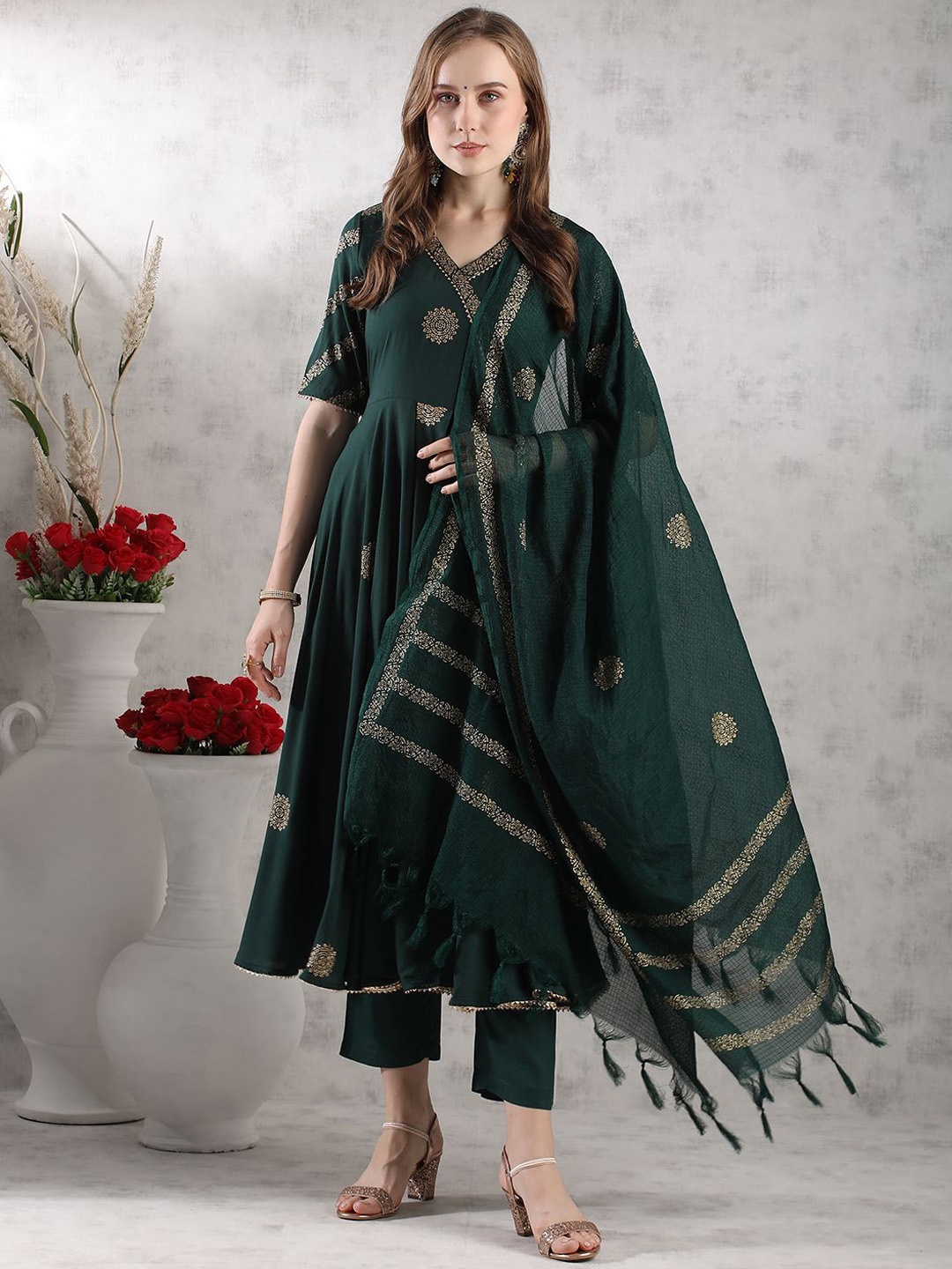 

GoSriKi Floral Woven Design V-Neck Anarkali Kurta with Trousers & Dupatta, Green