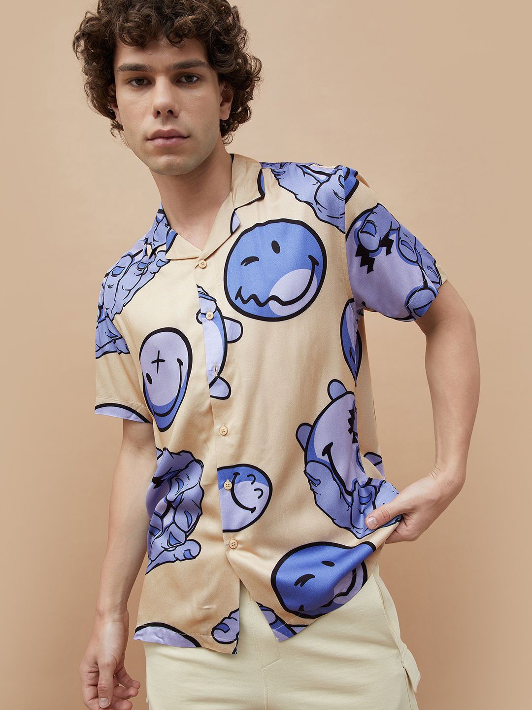 

SmileyWorld Men Cuban Collar Graphic Printed Casual Shirt, Beige