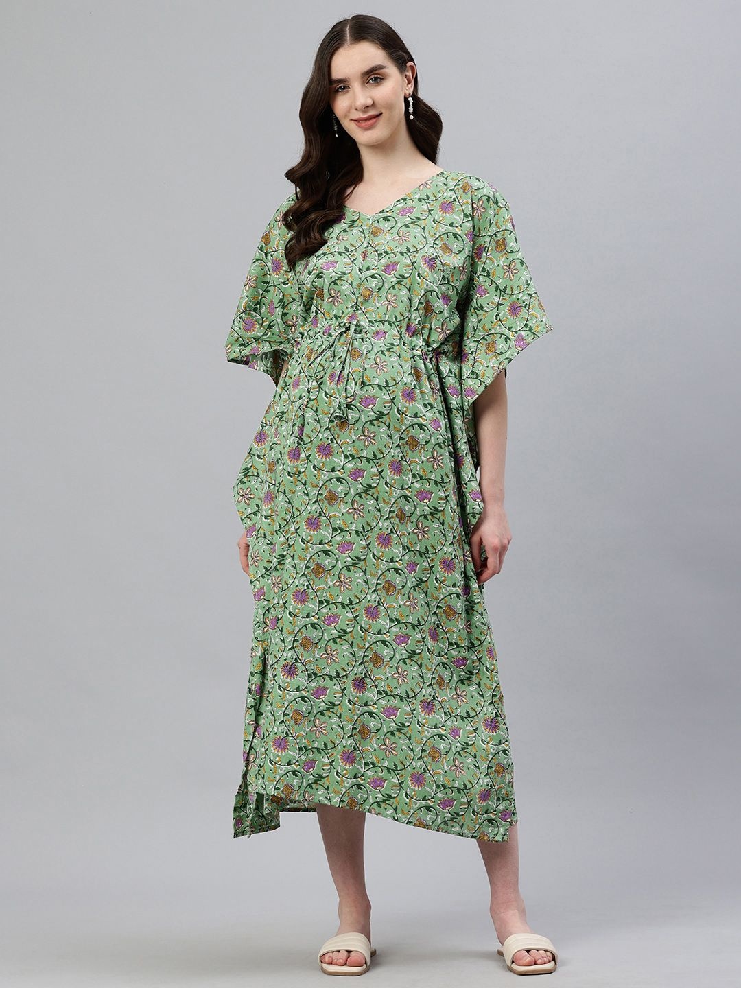 

Swishchick Women Cotton Floral Printed Flared Sleeve Maternity Kaftan Midi Dress, Green