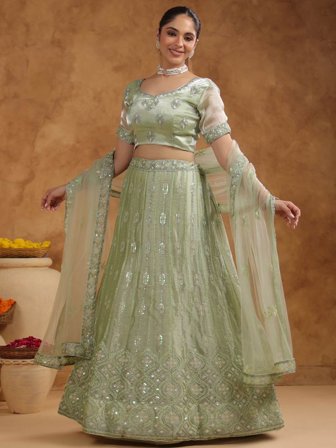 

Janasya Embroidered Semi-Stitched Lehenga & Unstitched Blouse With Dupatta, Green