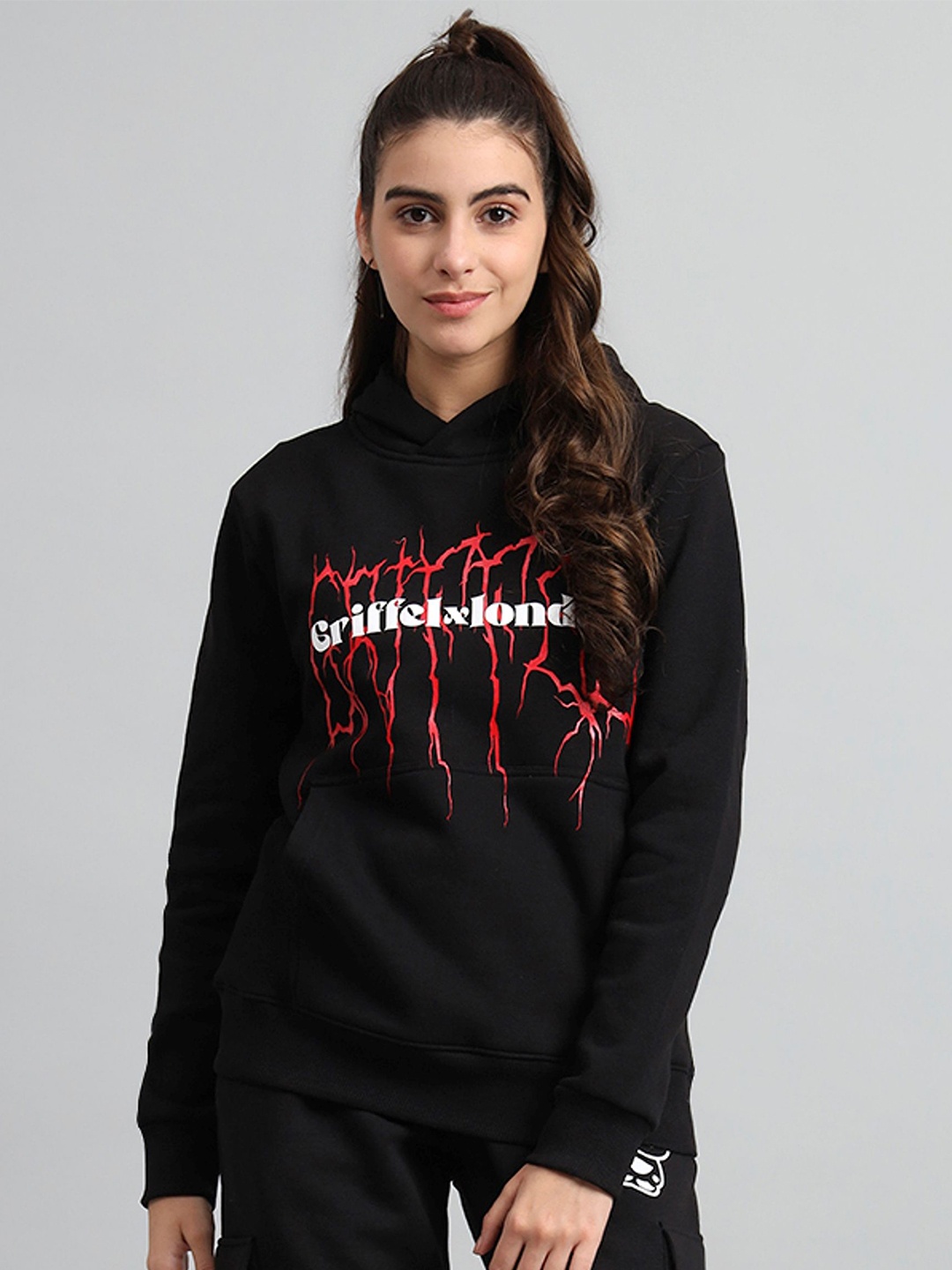 

GRIFFEL Women Black Long Sleeves Printed Fleece Pullover Sweatshirt
