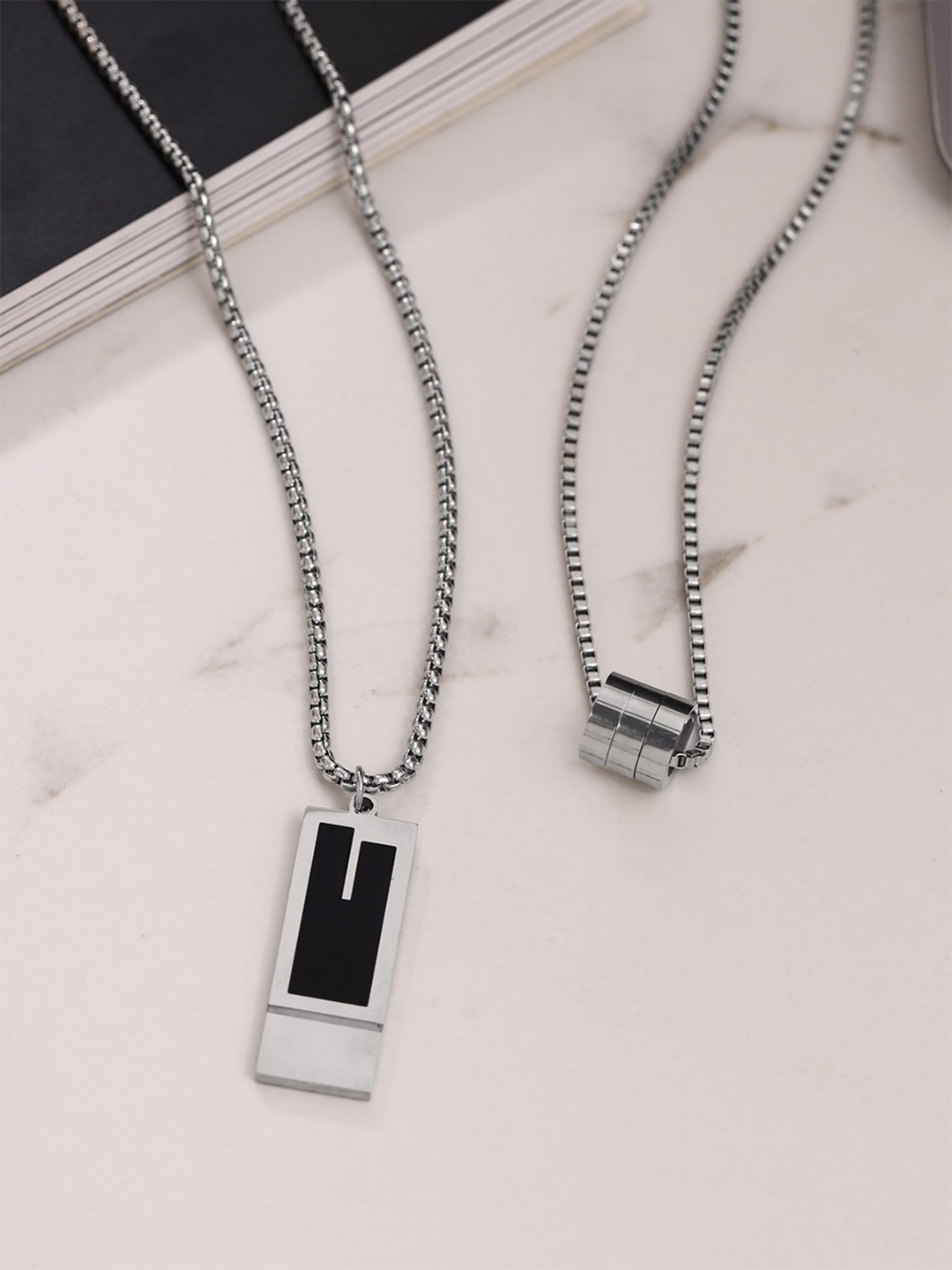 

Yellow Chimes Men Set of 2 Stainless Steel Pendants with Chains, Silver