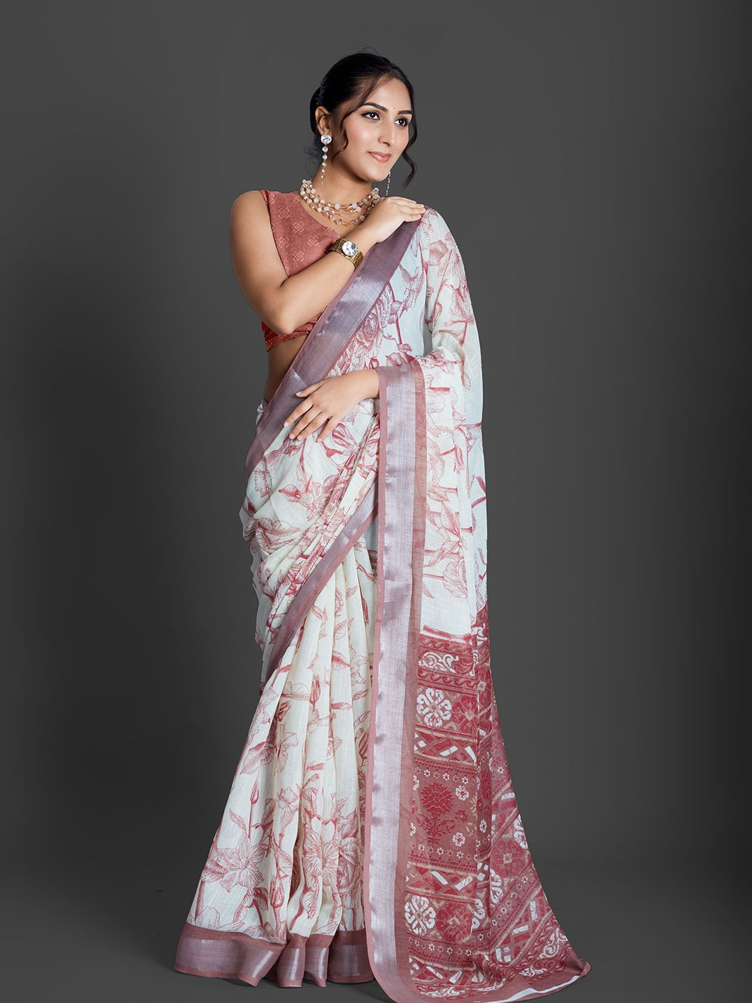 

NIRMAL CREATION Floral Printed Zari Saree, Brown