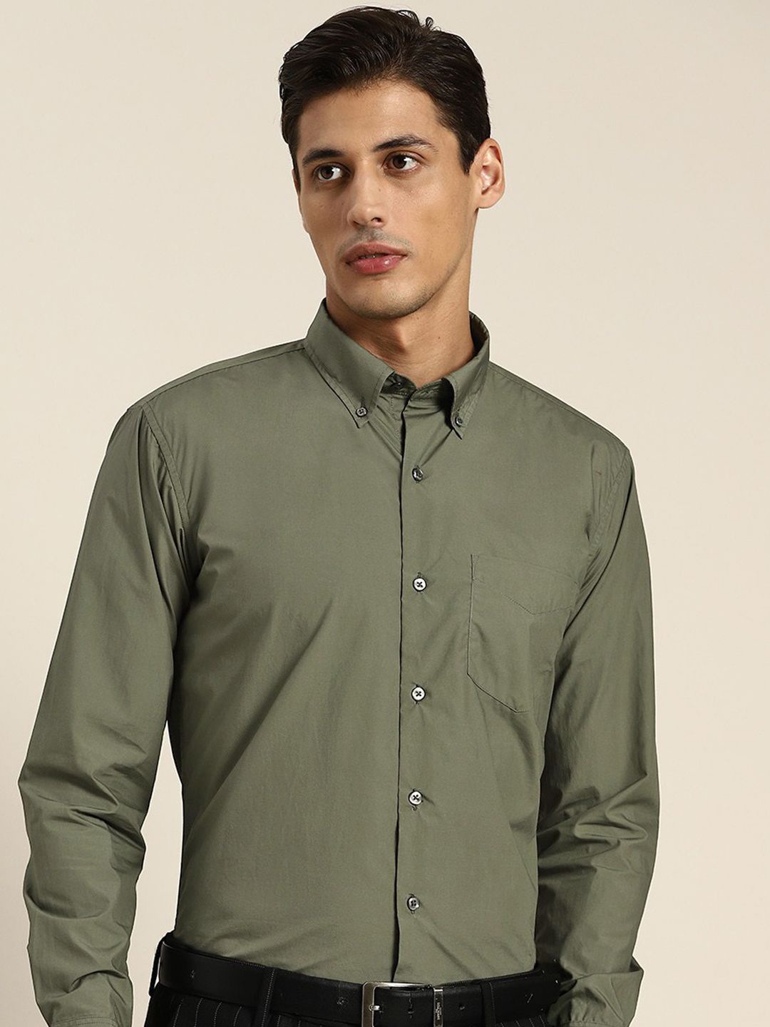 

Hancock Men Classic Button-Down Collar Solid Cotton Slim Fit Formal Shirt, Green