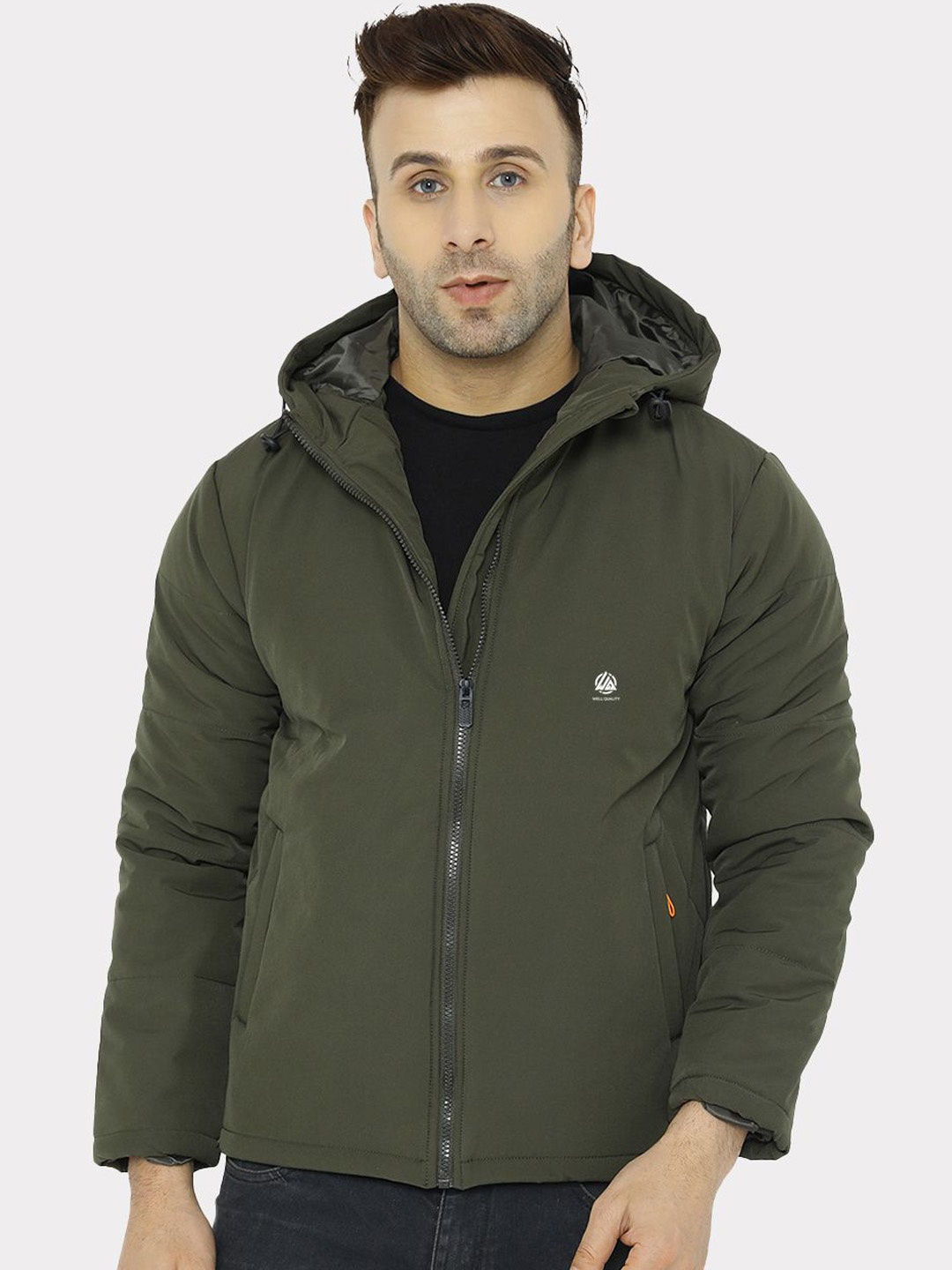 

WELL QUALITY Men Hooded Solid Casual Padded Jacket, Olive