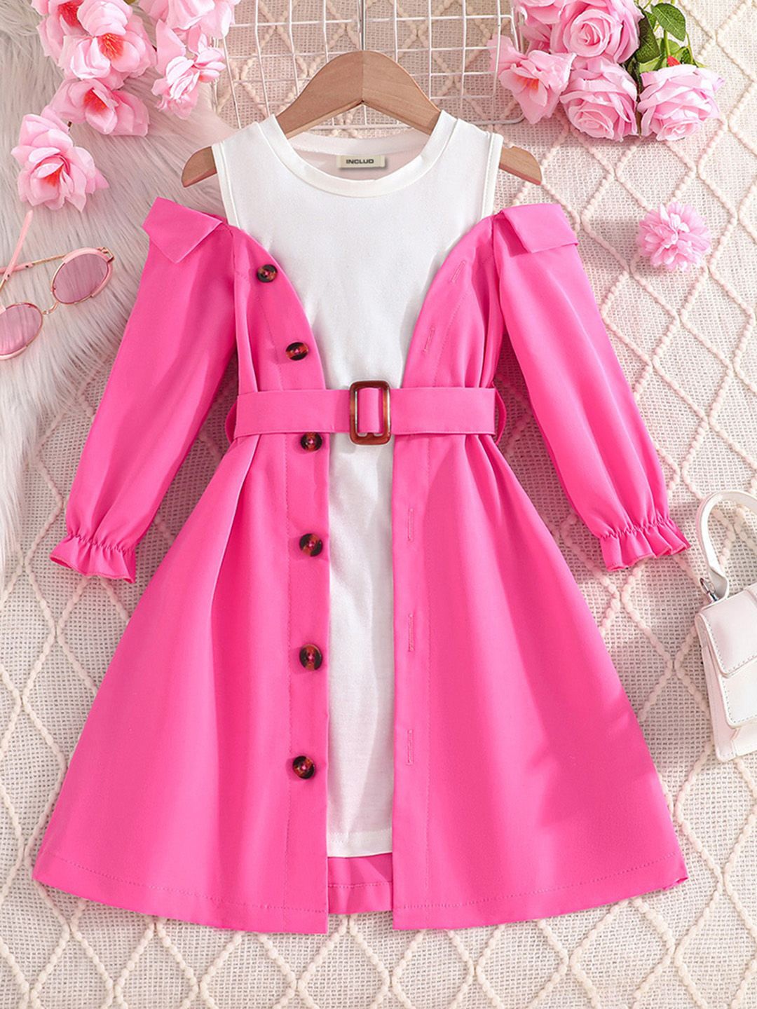 

INCLUD Girls Cold Shoulder Sleeves Fit & Flare Dress, Pink
