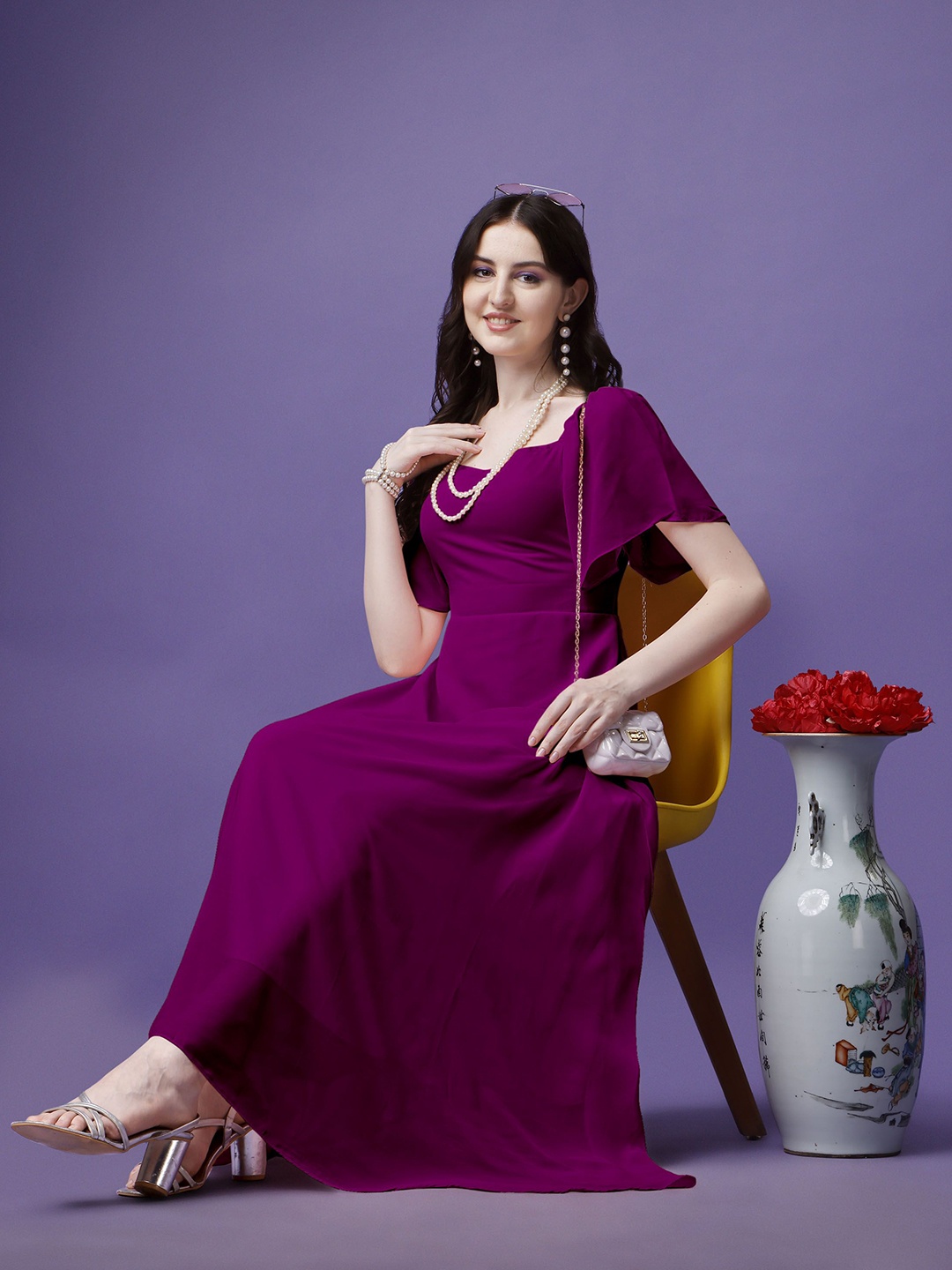 

Krunal Raiyani Women Bell Sleeve Applique Georgette Fit & Flare Maxi Dress, Violet