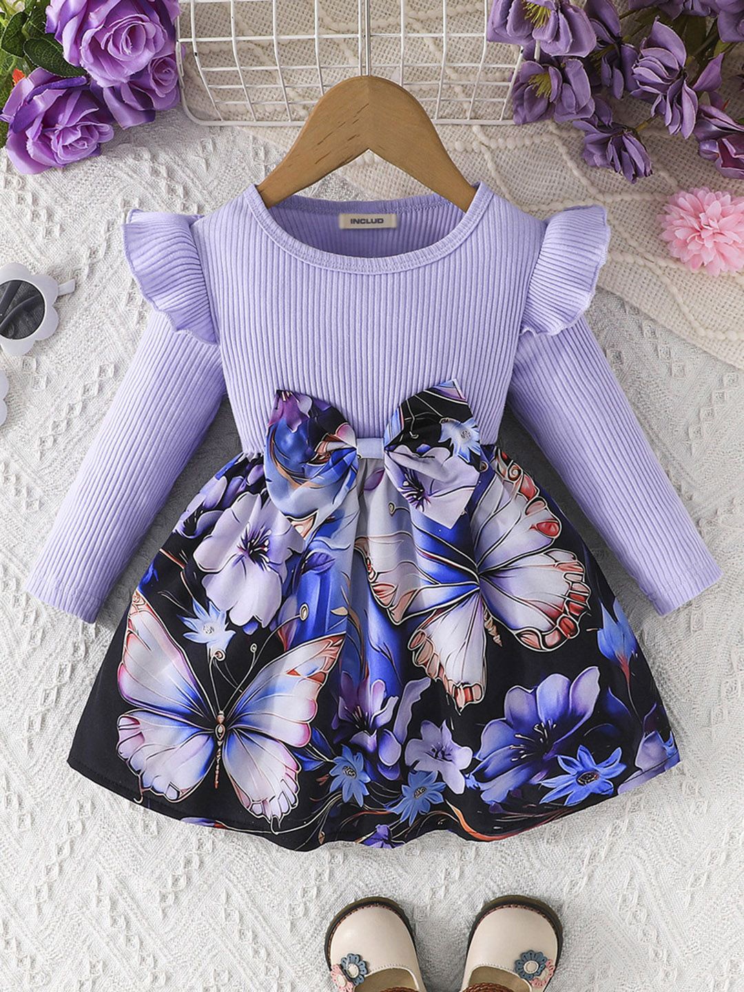 

INCLUD Girls Abstract Printed Fit & Flare Dress With Bow, Purple
