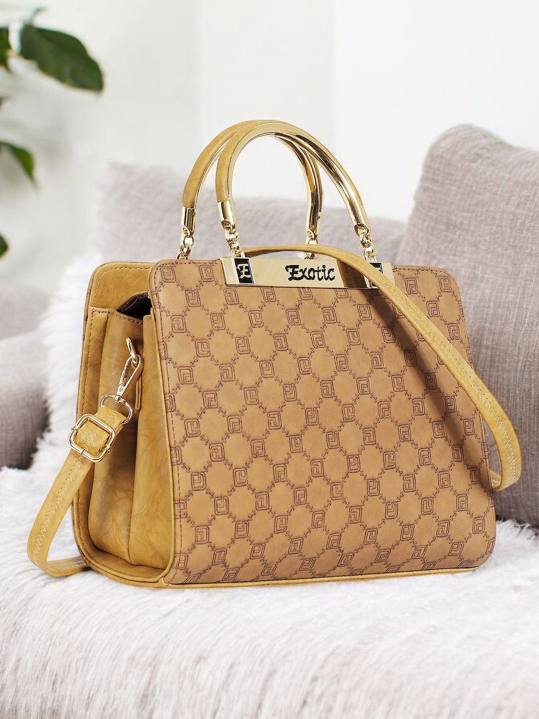 

Exotic Women Brand Logo Printed Structured Handheld Bag, Yellow