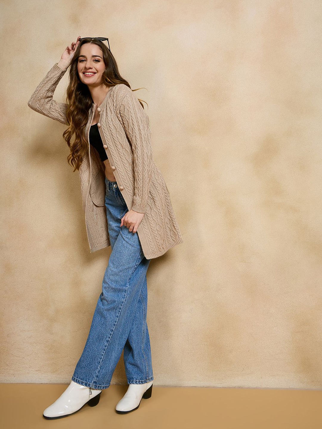 

CLAPTON Self Design Round Neck Woollen Longline Cardigan, Beige