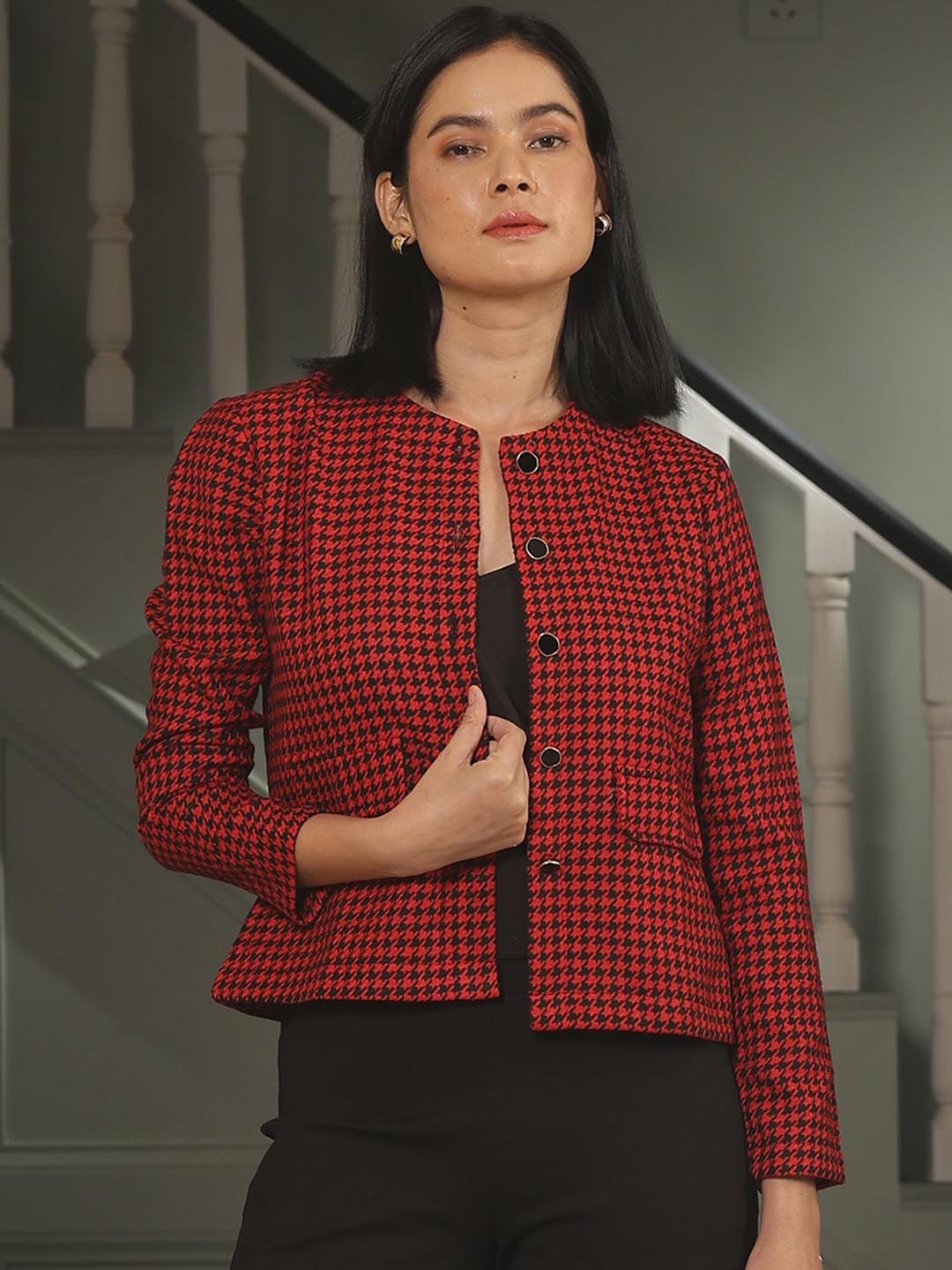 

SALT ATTIRE Women Houndstooth Checked Tailored Jacket with Embroidered, Red
