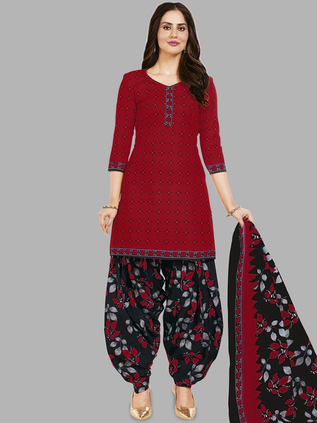 

MIRAAN Printed Pure Cotton Unstitched Dress Material, Maroon